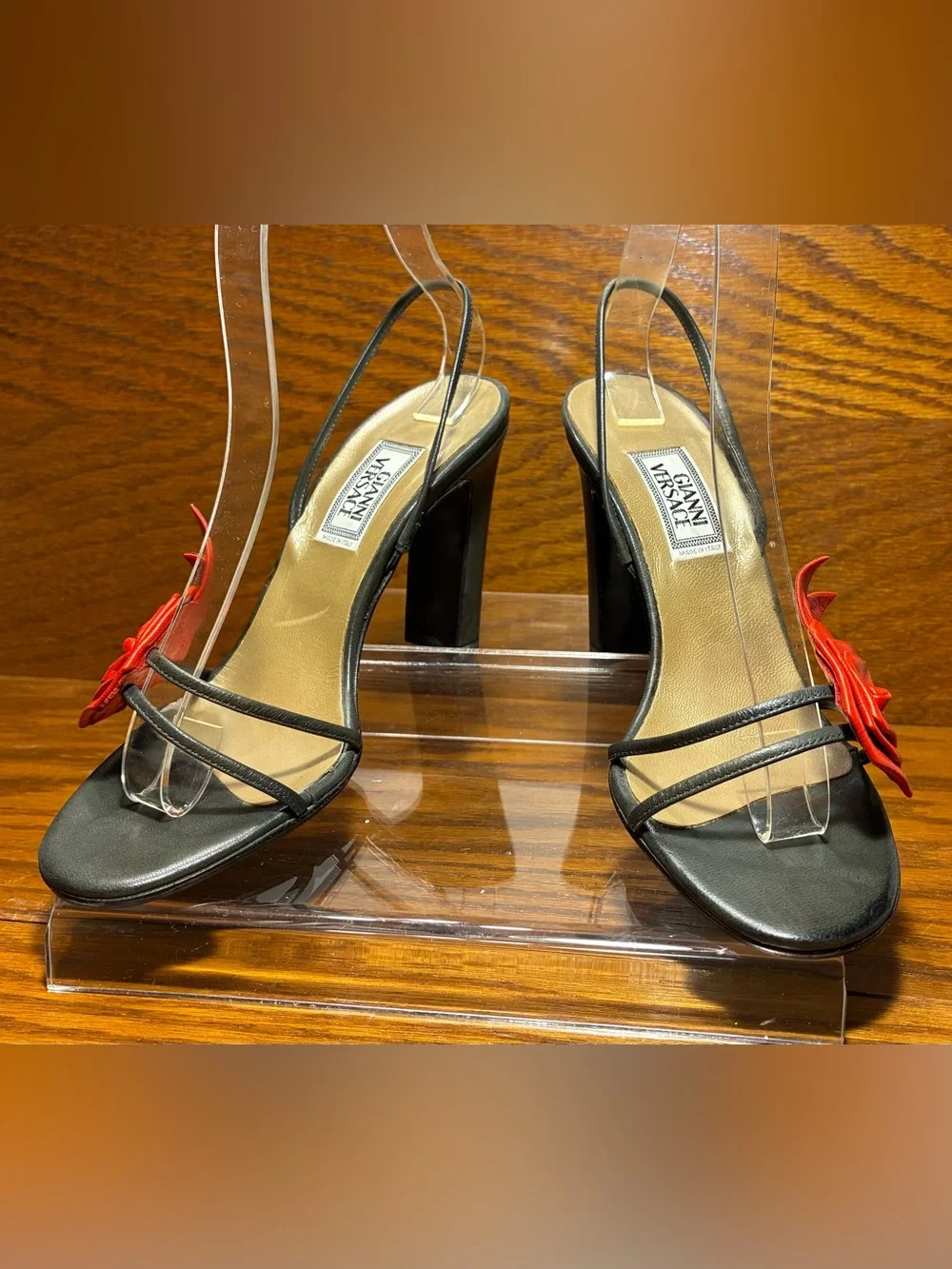 Y2K VTG Gianni Versace Floral Slingback Block Heel Sandals Gray Red EU37 US 7